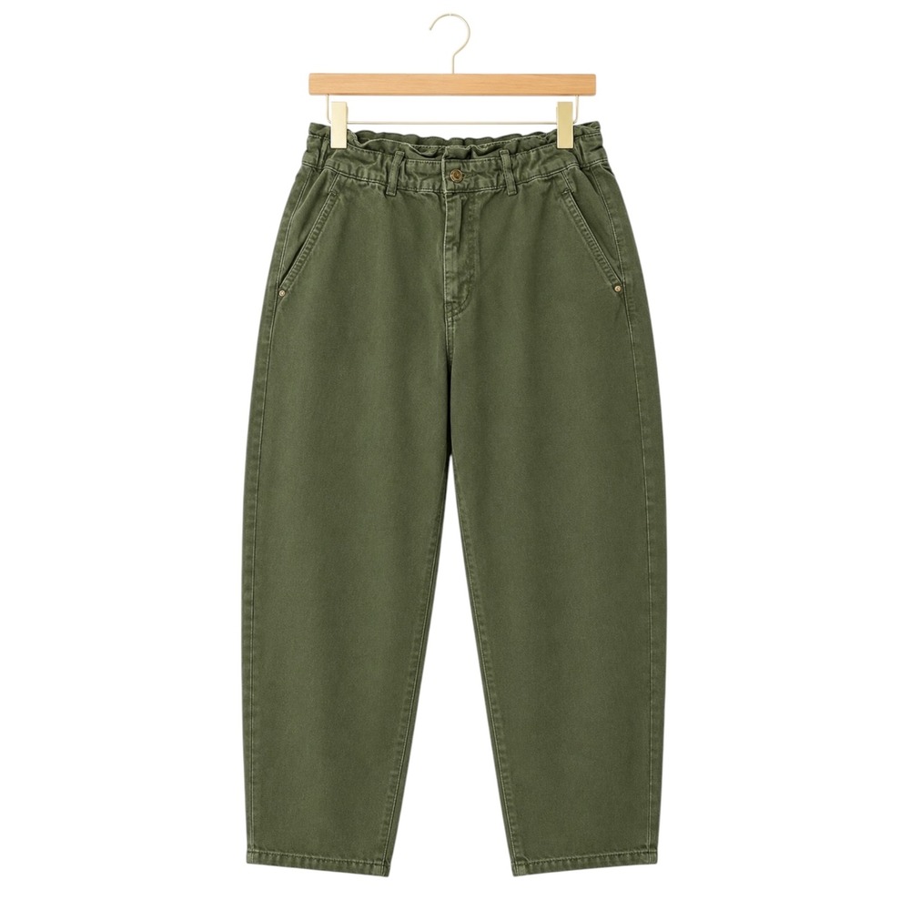 Zara Women Olive Green Paperbag Waist Barrel Leg Cotton Pants 2107/126 Size 10